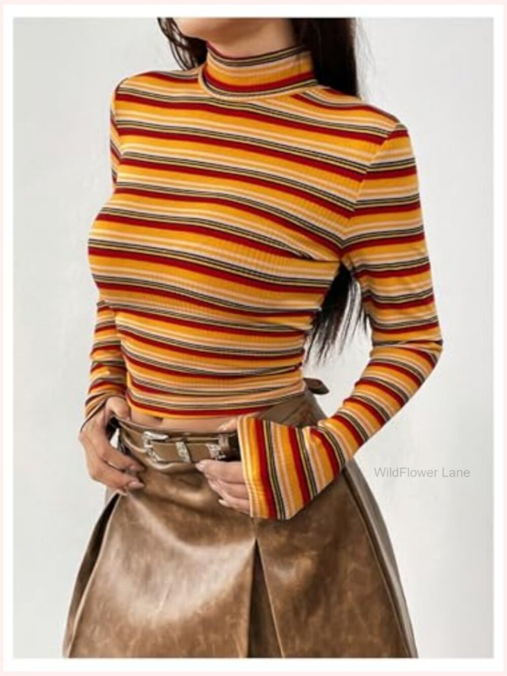Long Sleeve Mock Neck Slim Fit Striped T-Shirt Top - Picture 5 of 6